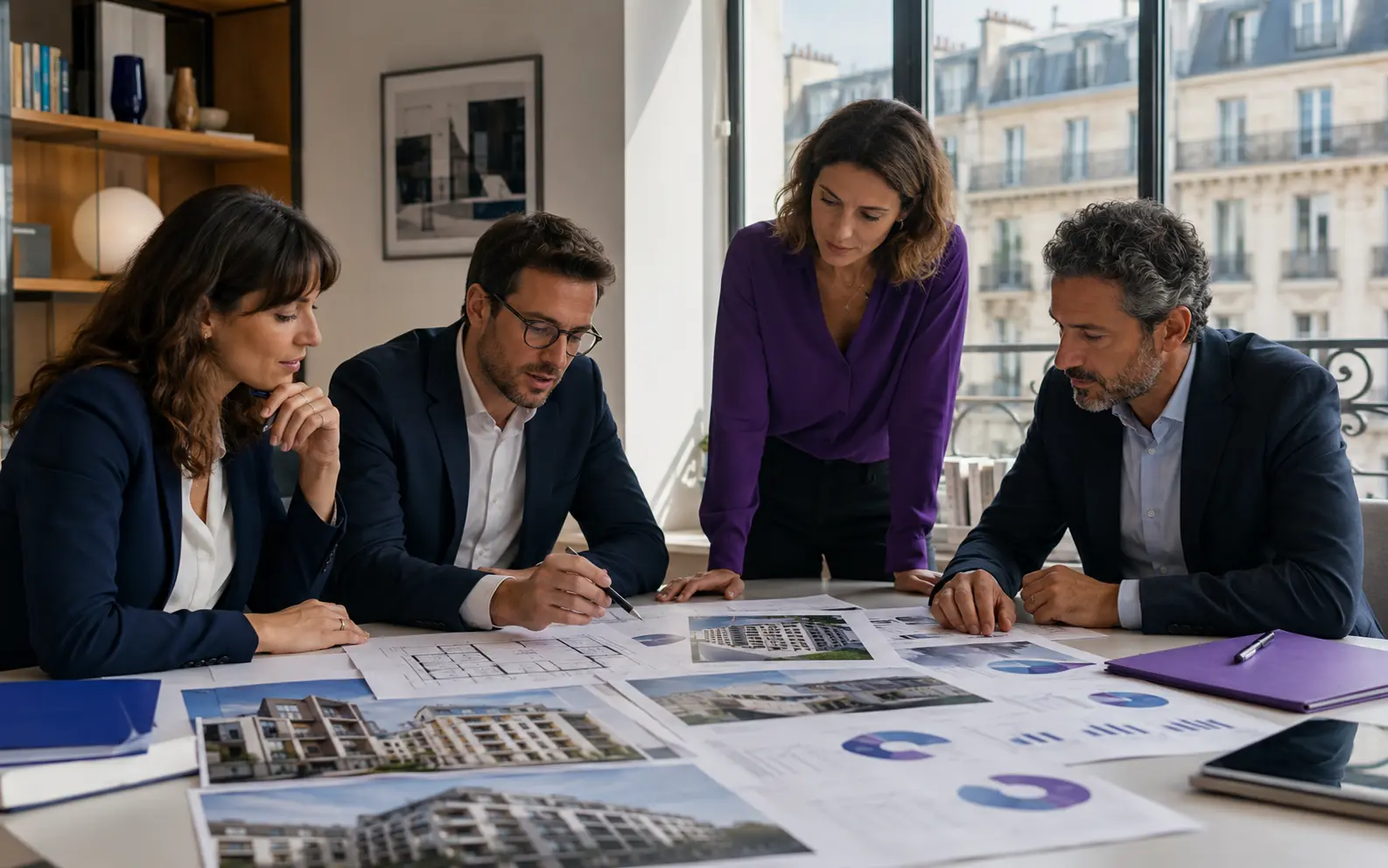 Professionnels de la gestion immobilière examinant un portefeuille de biens
