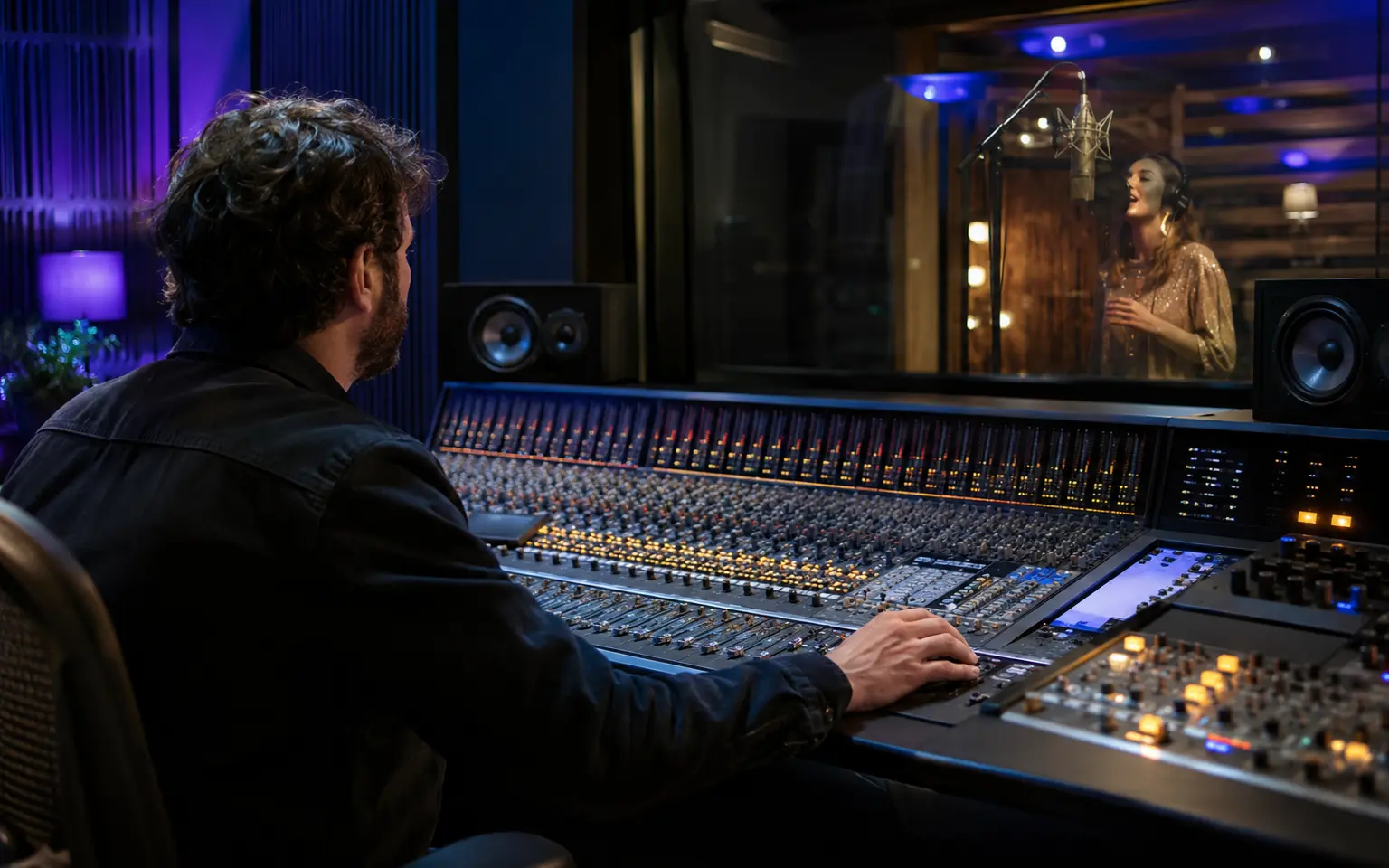 Producteur phonographique supervisant une session d’enregistrement en studio